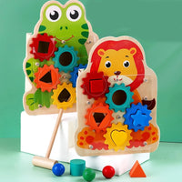 Wooden Spinning Gear with Hammer a Ball Toy